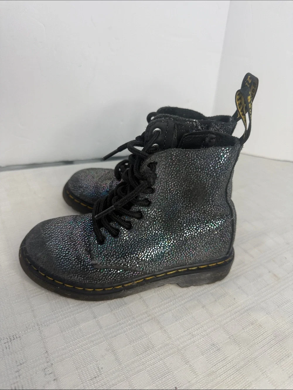 Dr. Martens Pascal Lace Up Boots Black Suede Outer Iridescent Foil Kids Girls 11